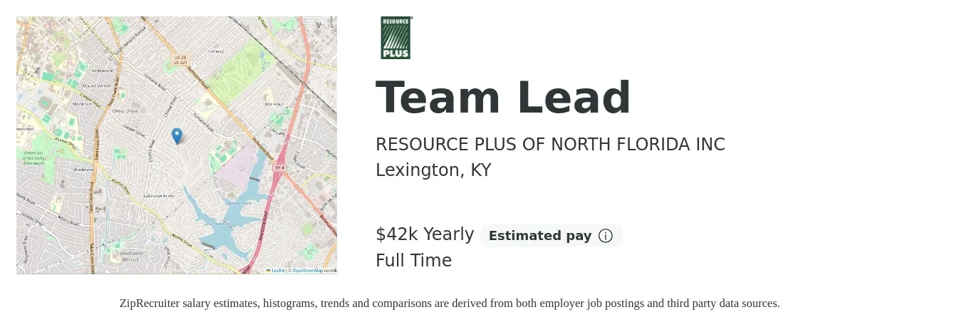 RESOURCE PLUS OF NORTH FLORIDA INC job posting for a Team Lead in Lexington, KY with a salary of $42,000 Yearly with a map of Lexington location.