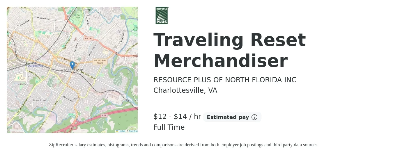 RESOURCE PLUS OF NORTH FLORIDA INC job posting for a Traveling Reset Merchandiser in Charlottesville, VA with a salary of $14 to $15 Hourly with a map of Charlottesville location.