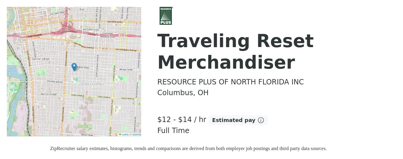 RESOURCE PLUS OF NORTH FLORIDA INC job posting for a Traveling Reset Merchandiser in Columbus, OH with a salary of $14 to $15 Hourly with a map of Columbus location.