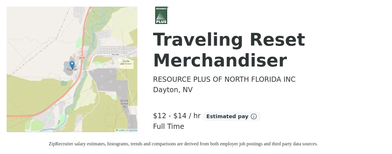 RESOURCE PLUS OF NORTH FLORIDA INC job posting for a Traveling Reset Merchandiser in Dayton, NV with a salary of $14 to $15 Hourly with a map of Dayton location.