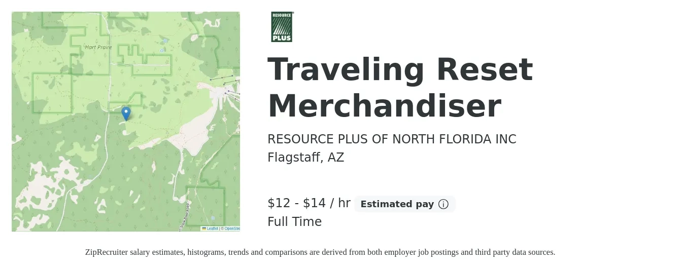 RESOURCE PLUS OF NORTH FLORIDA INC job posting for a Traveling Reset Merchandiser in Flagstaff, AZ with a salary of $14 to $15 Hourly with a map of Flagstaff location.