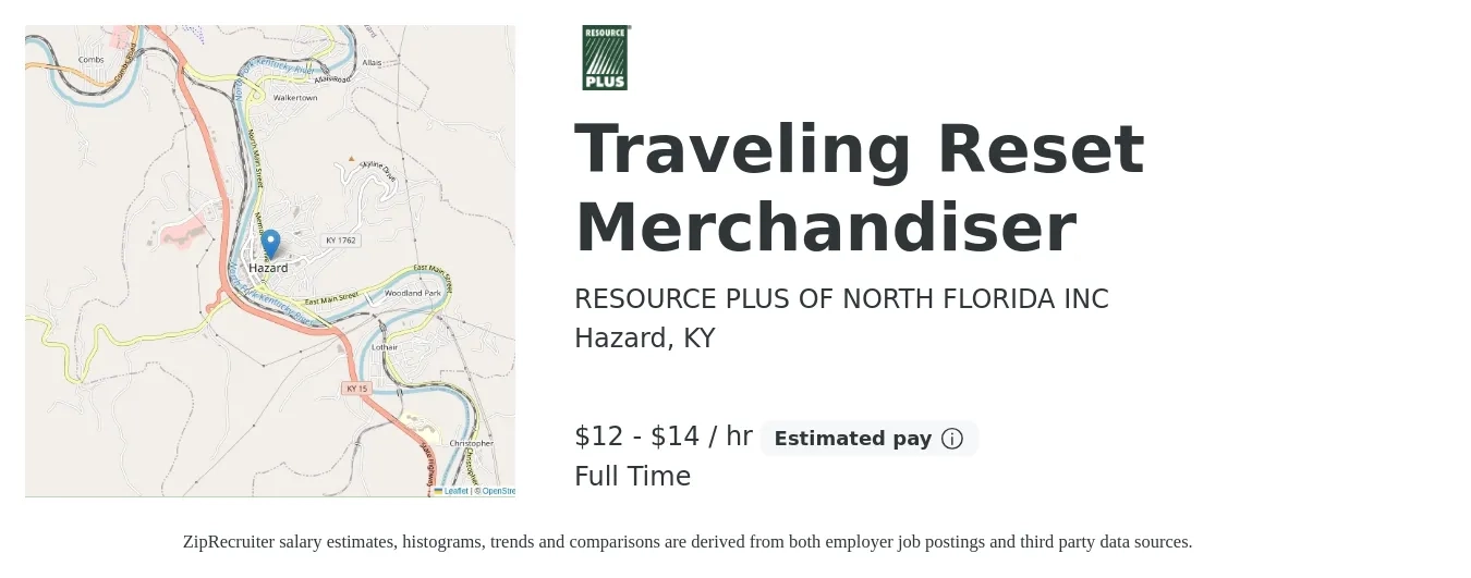 RESOURCE PLUS OF NORTH FLORIDA INC job posting for a Traveling Reset Merchandiser in Hazard, KY with a salary of $14 to $15 Hourly with a map of Hazard location.