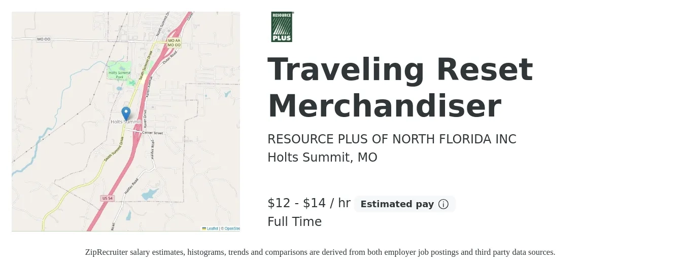 RESOURCE PLUS OF NORTH FLORIDA INC job posting for a Traveling Reset Merchandiser in Holts Summit, MO with a salary of $14 to $15 Hourly with a map of Holts Summit location.