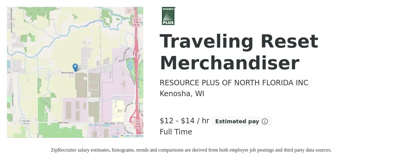 RESOURCE PLUS OF NORTH FLORIDA INC job posting for a Traveling Reset Merchandiser in Kenosha, WI with a salary of $14 to $15 Hourly with a map of Kenosha location.