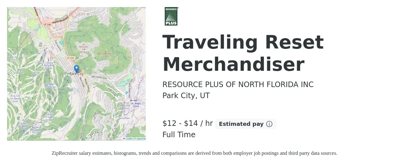RESOURCE PLUS OF NORTH FLORIDA INC job posting for a Traveling Reset Merchandiser in Park City, UT with a salary of $14 to $15 Hourly with a map of Park City location.