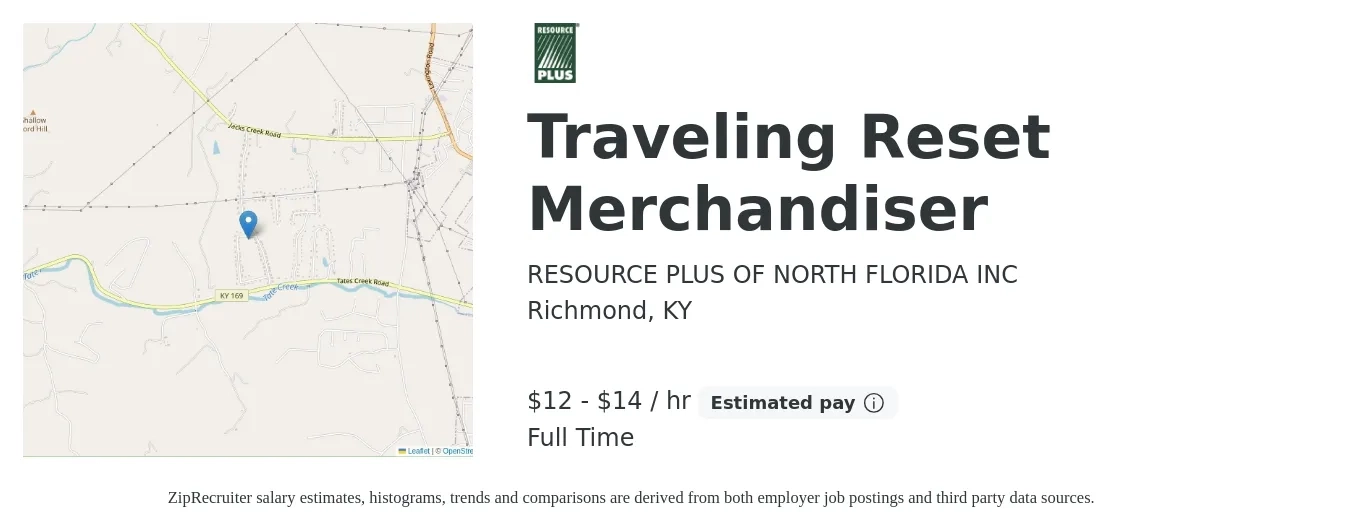 RESOURCE PLUS OF NORTH FLORIDA INC job posting for a Traveling Reset Merchandiser in Richmond, KY with a salary of $14 to $15 Hourly with a map of Richmond location.