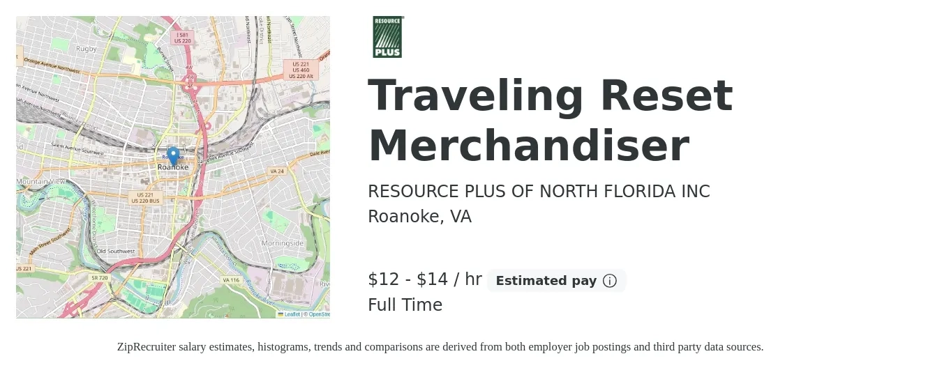 RESOURCE PLUS OF NORTH FLORIDA INC job posting for a Traveling Reset Merchandiser in Roanoke, VA with a salary of $14 to $15 Hourly with a map of Roanoke location.