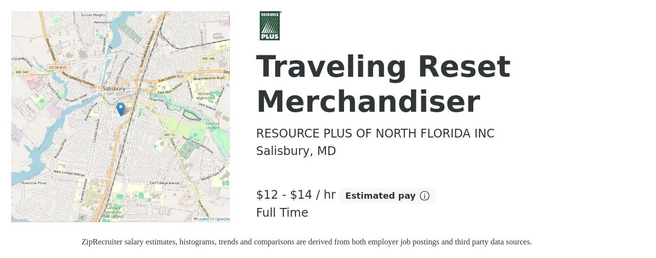 RESOURCE PLUS OF NORTH FLORIDA INC job posting for a Traveling Reset Merchandiser in Salisbury, MD with a salary of $14 to $15 Hourly with a map of Salisbury location.