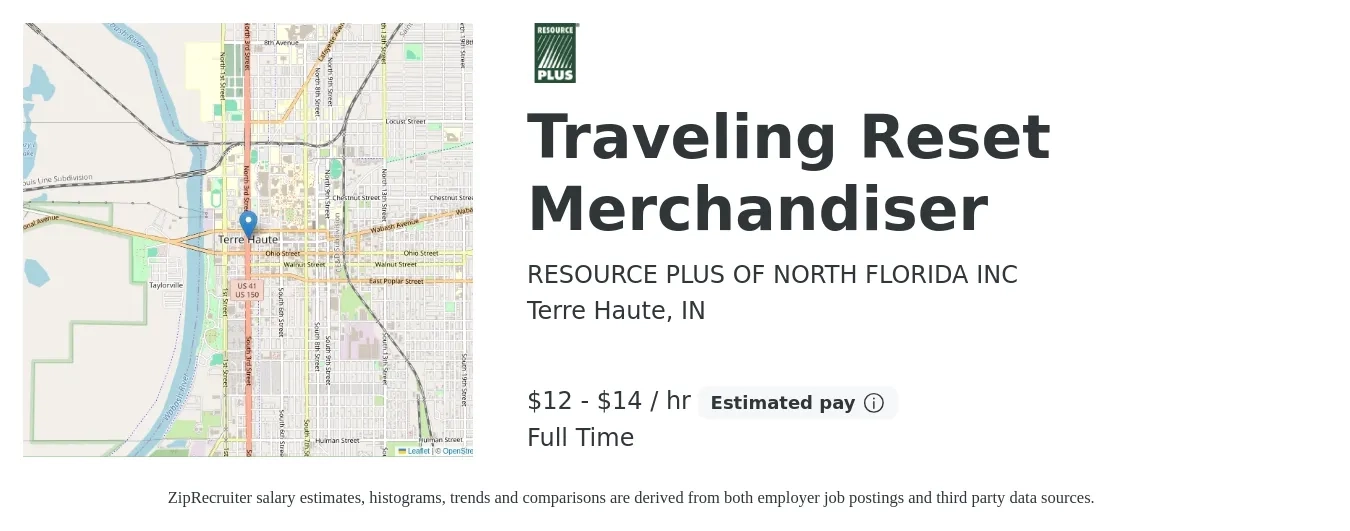 RESOURCE PLUS OF NORTH FLORIDA INC job posting for a Traveling Reset Merchandiser in Terre Haute, IN with a salary of $14 to $15 Hourly with a map of Terre Haute location.
