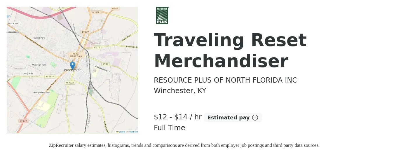RESOURCE PLUS OF NORTH FLORIDA INC job posting for a Traveling Reset Merchandiser in Winchester, KY with a salary of $14 to $15 Hourly with a map of Winchester location.