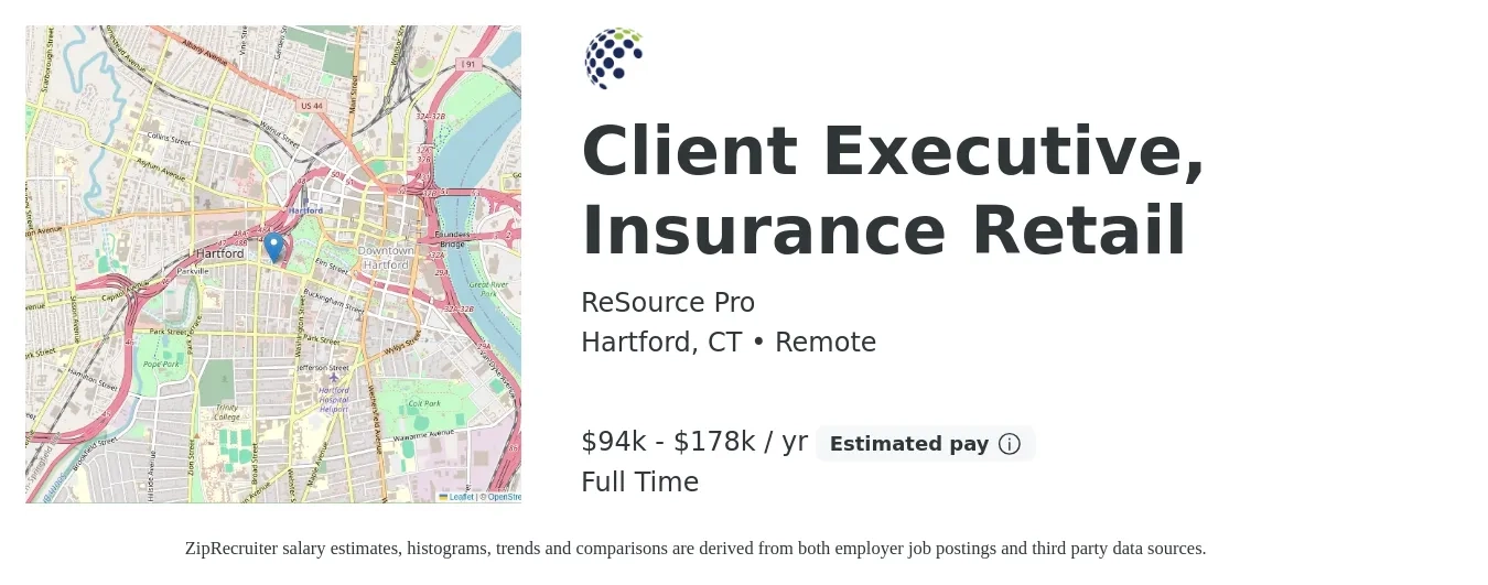 ReSource Pro job posting for a Client Executive, Insurance Retail in Hartford, CT with a salary of $94,630 to $178,718 Yearly with a map of Hartford location.