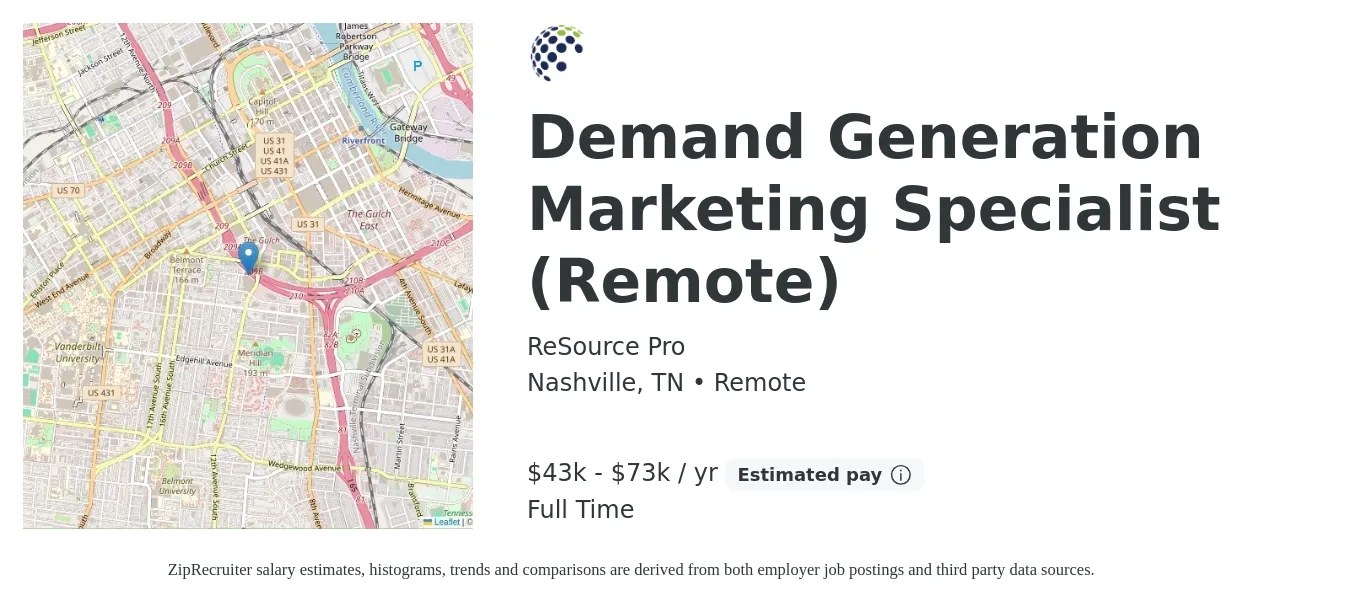 ReSource Pro job posting for a Demand Generation Marketing Specialist (Remote) in Nashville, TN with a salary of $43,342 to $73,574 Yearly with a map of Nashville location.