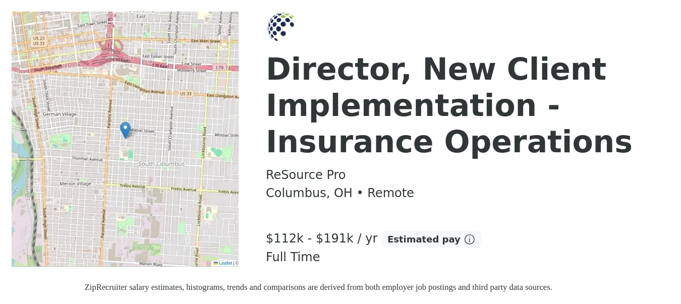 ReSource Pro job posting for a Director, New Client Implementation - Insurance Operations in Columbus, OH with a salary of $112,689 to $191,025 Yearly with a map of Columbus location.