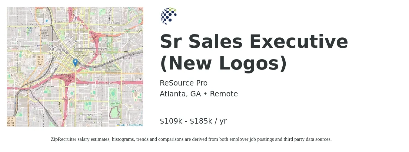 ReSource Pro job posting for a Sr Sales Executive (New Logos) in Atlanta, GA with a salary of $109,318 to $185,273 Yearly with a map of Atlanta location.