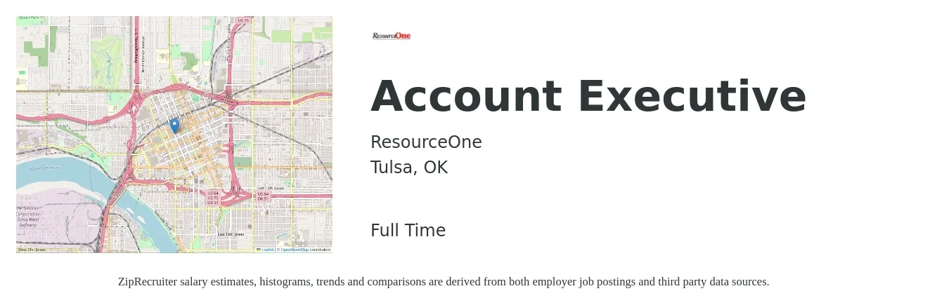 ResourceOne job posting for a Account Executive in Tulsa, OK with a salary of $49,300 to $86,700 Yearly with a map of Tulsa location.