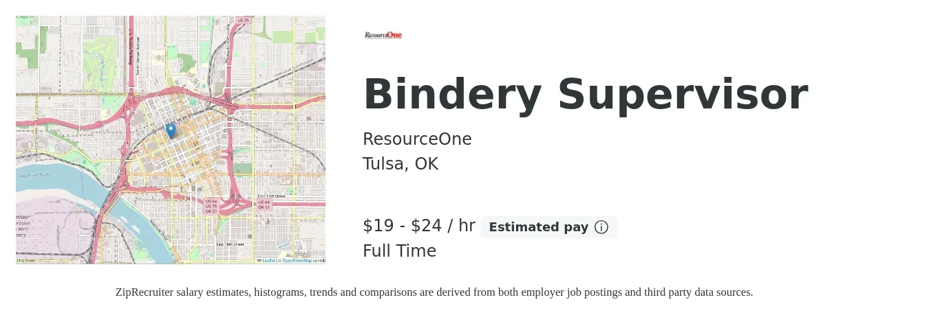 ResourceOne job posting for a Bindery Supervisor in Tulsa, OK with a salary of $20 to $25 Hourly with a map of Tulsa location.