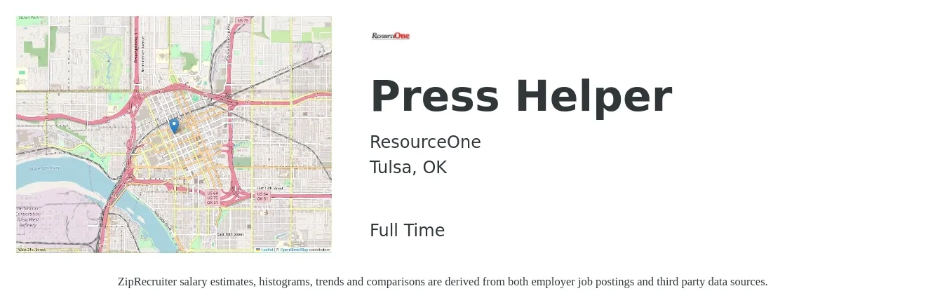 ResourceOne job posting for a Press Helper in Tulsa, OK with a salary of $12 to $16 Hourly with a map of Tulsa location.