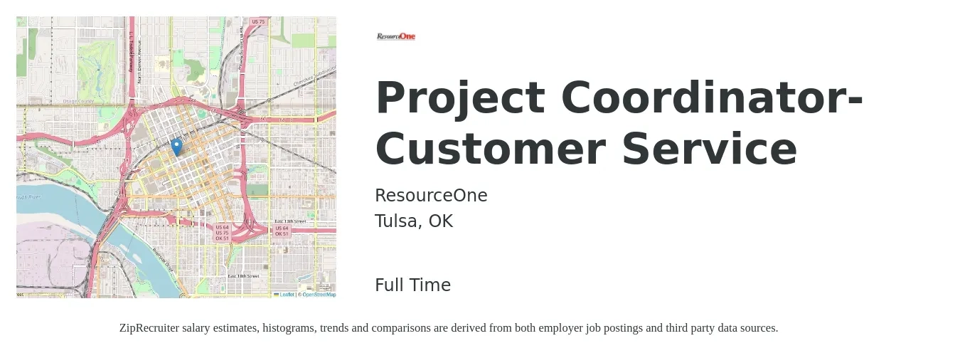 ResourceOne job posting for a Project Coordinator-Customer Service in Tulsa, OK with a salary of $18 to $28 Hourly with a map of Tulsa location.