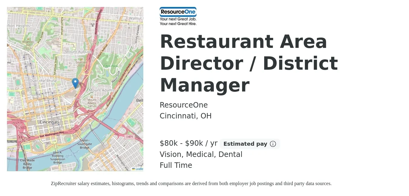 ResourceOne job posting for a Restaurant Area Director / District Manager in Cincinnati, OH with a salary of $80,000 to $90,000 Yearly and benefits including dental, life_insurance, medical, pto, retirement, and vision with a map of Cincinnati location.