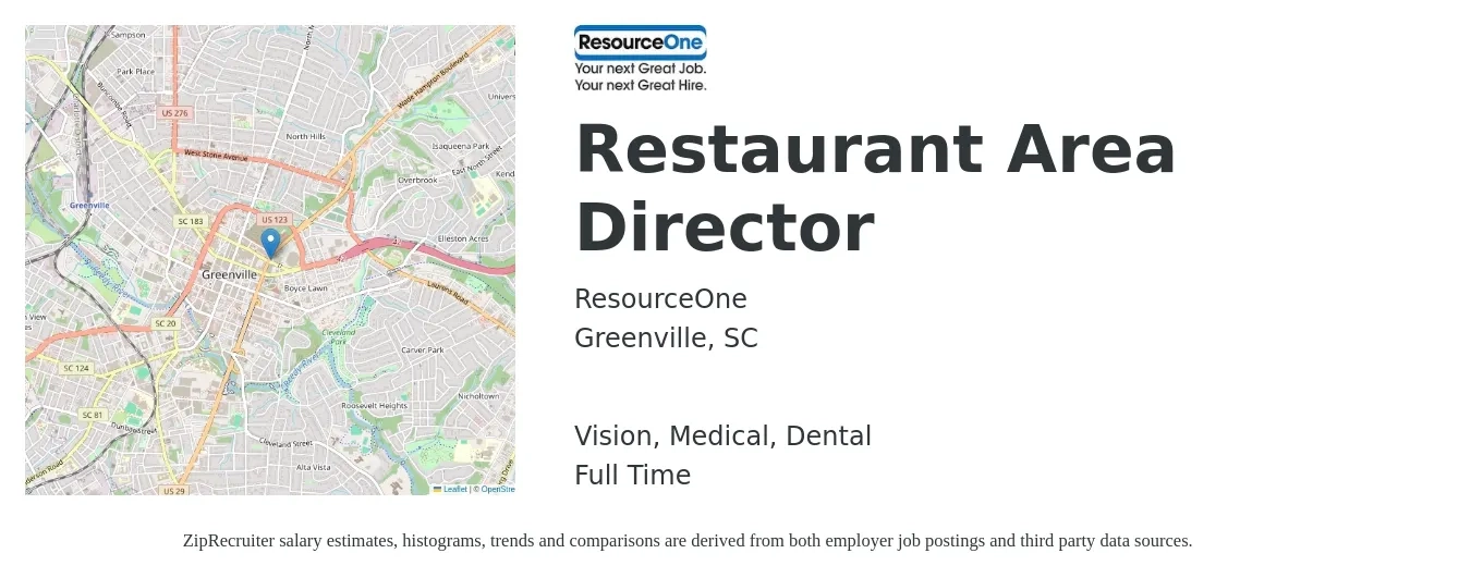 ResourceOne job posting for a Restaurant Area Director in Greenville, SC with a salary of $72,400 to $107,200 Yearly and benefits including retirement, vision, dental, life_insurance, medical, and pto with a map of Greenville location.