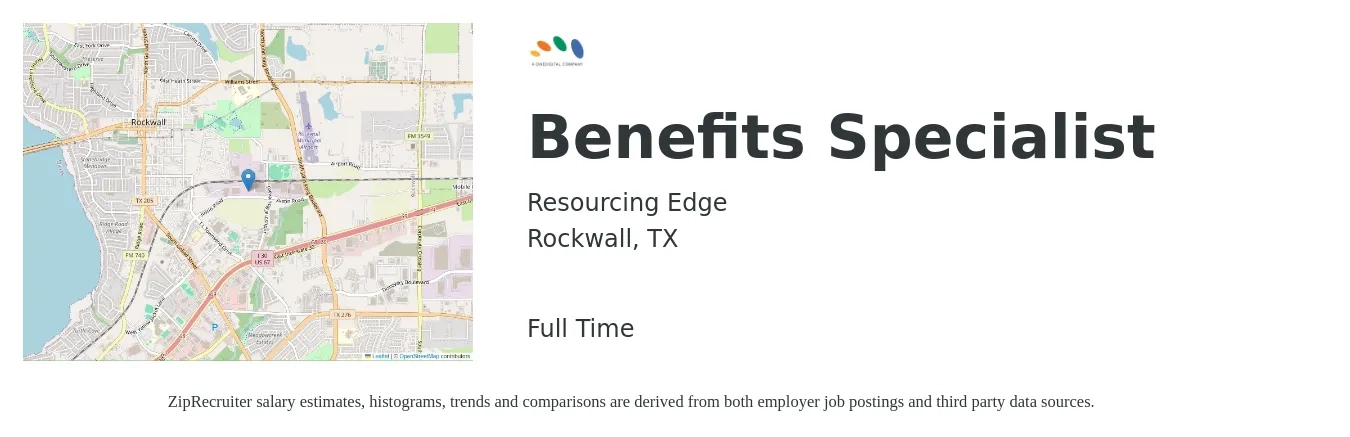Resourcing Edge job posting for a Benefits Specialist in Rockwall, TX with a salary of $39,500 to $59,500 Yearly with a map of Rockwall location.