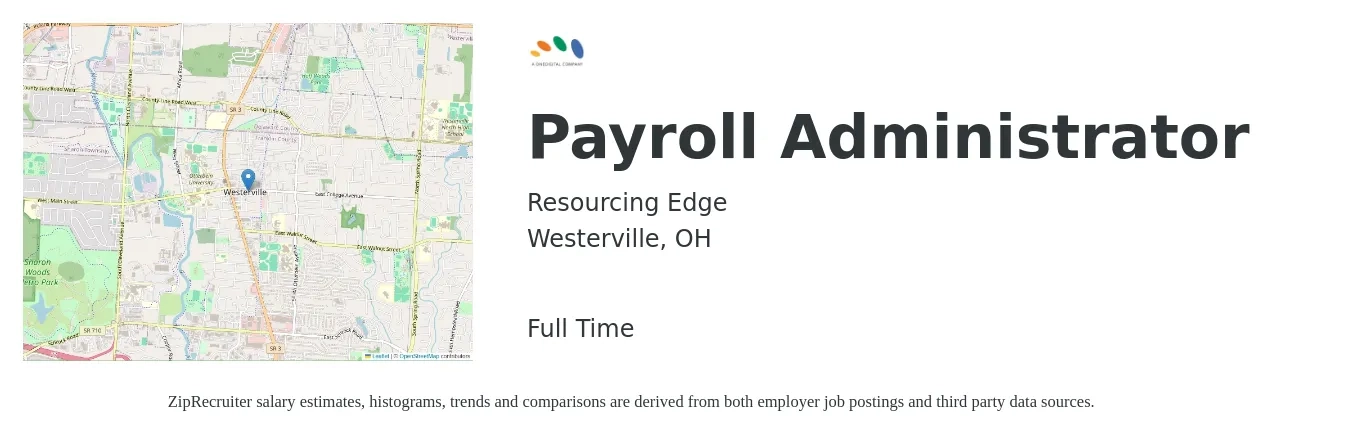 Resourcing Edge job posting for a Payroll Administrator in Westerville, OH with a salary of $24 to $32 Hourly with a map of Westerville location.