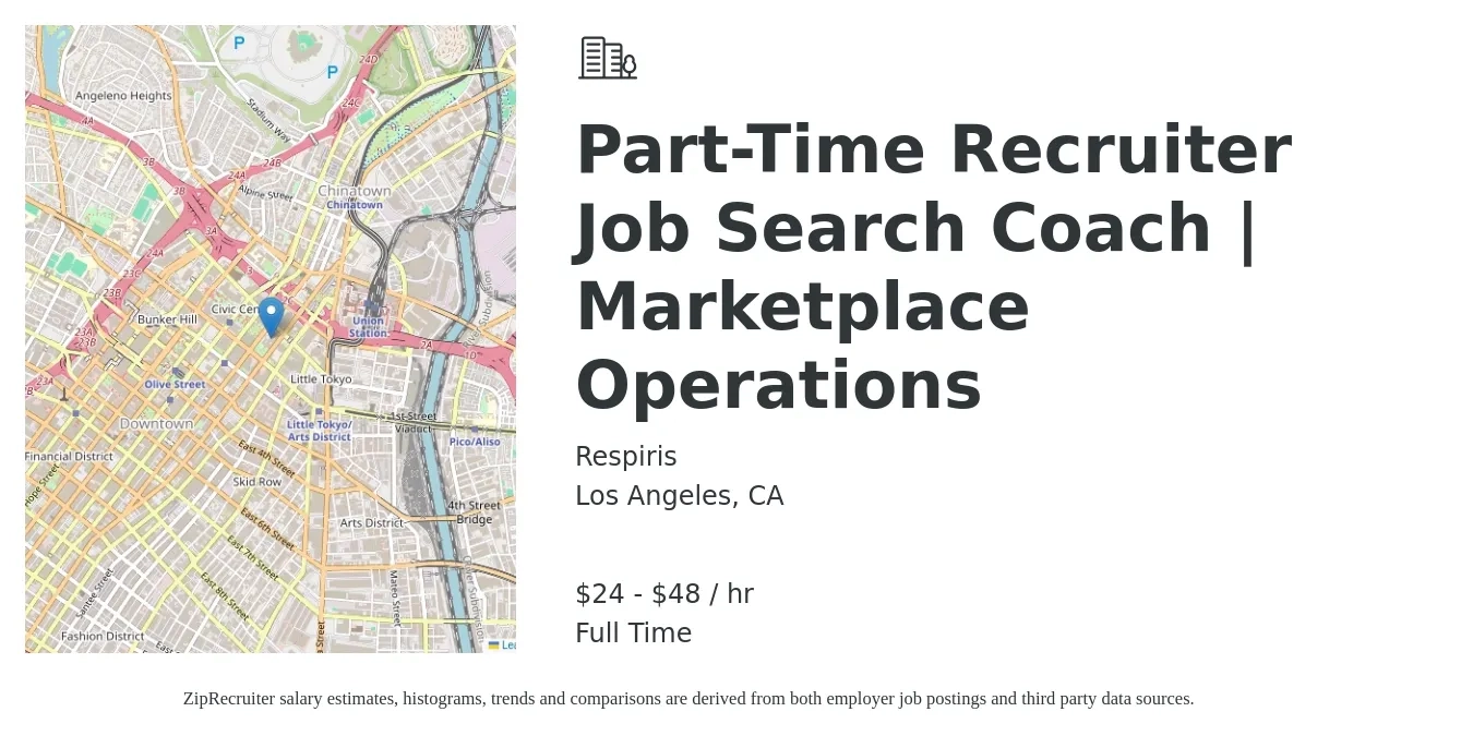 Respiris job posting for a Part-Time Recruiter Job Search Coach | Marketplace Operations in Los Angeles, CA with a salary of $25 to $50 Hourly with a map of Los Angeles location.