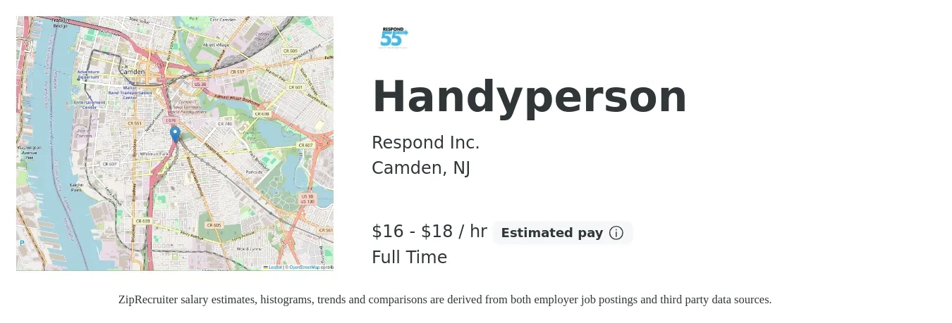 Respond Inc. job posting for a Handyperson in Camden, NJ with a salary of $17 to $19 Hourly with a map of Camden location.