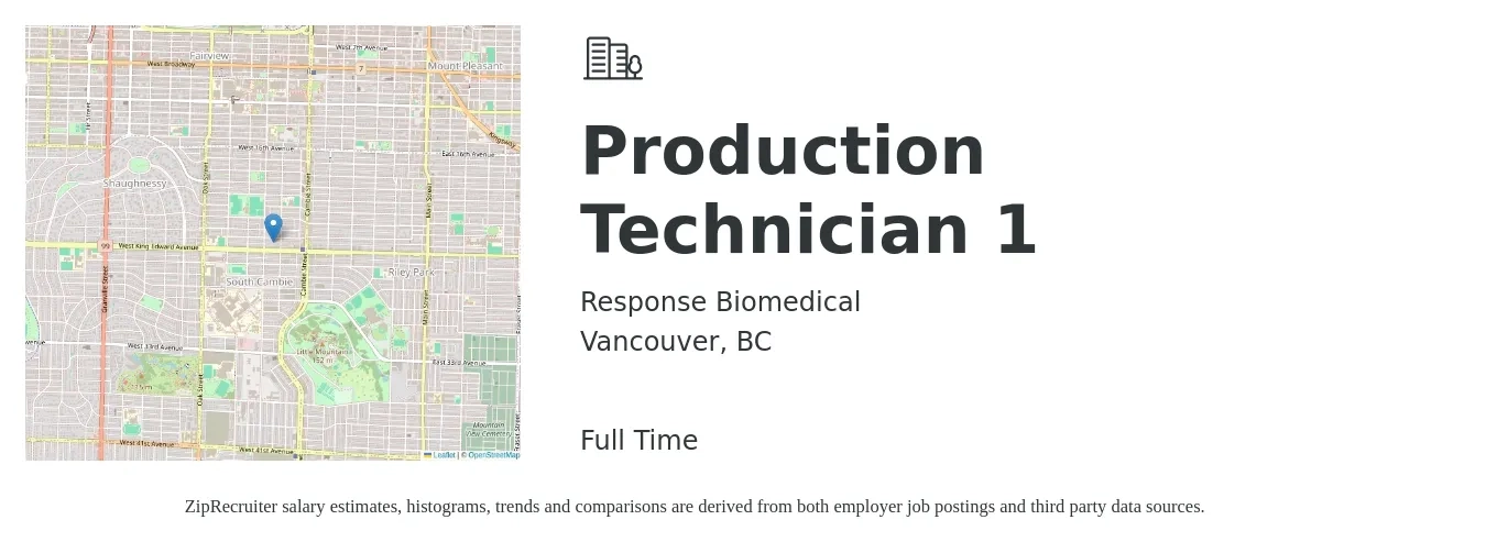 Response Biomedical job posting for a Production Technician 1 in Vancouver, BC with a salary of $18 Hourly with a map of Vancouver location.