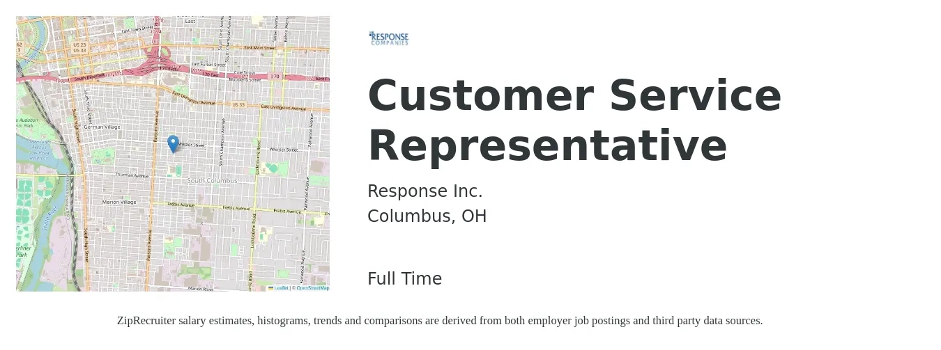 Response Inc. job posting for a Customer Service Representative in Columbus, OH with a salary of $16 to $21 Hourly with a map of Columbus location.