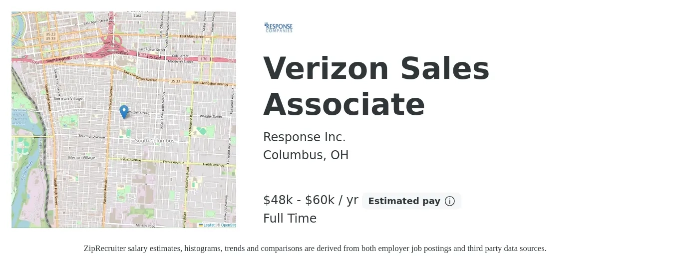 Response Inc. job posting for a Verizon Sales Associate in Columbus, OH with a salary of $48,000 to $60,000 Yearly with a map of Columbus location.