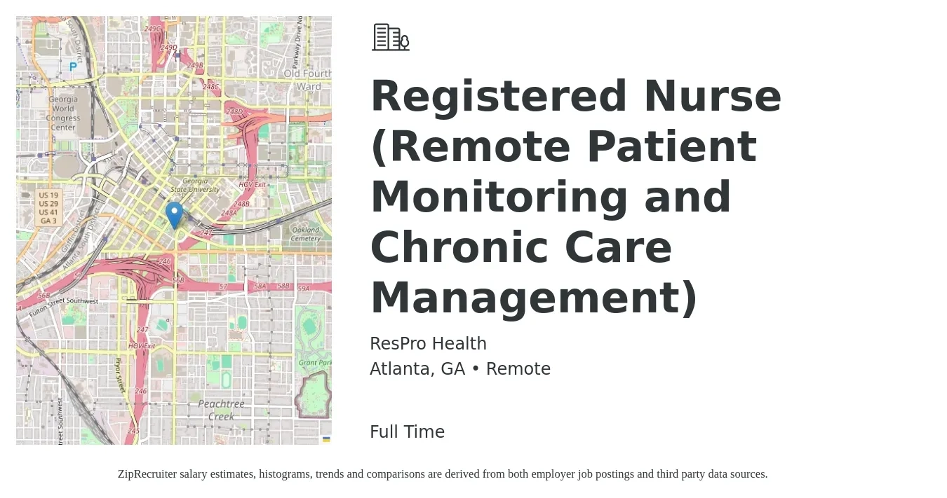 ResPro Health job posting for a Registered Nurse (Remote Patient Monitoring and Chronic Care Management) in Atlanta, GA with a salary of $32 to $50 Hourly with a map of Atlanta location.
