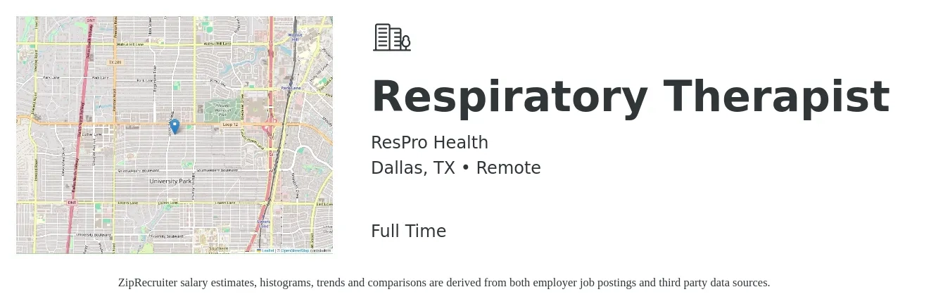 ResPro Health job posting for a Respiratory Therapist in Dallas, TX with a salary of $31 to $55 Hourly with a map of Dallas location.