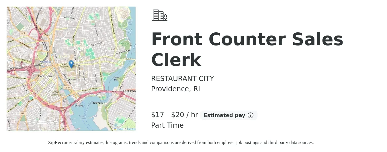 RESTAURANT CITY job posting for a Front Counter Sales Clerk in Providence, RI with a salary of $18 to $21 Hourly with a map of Providence location.