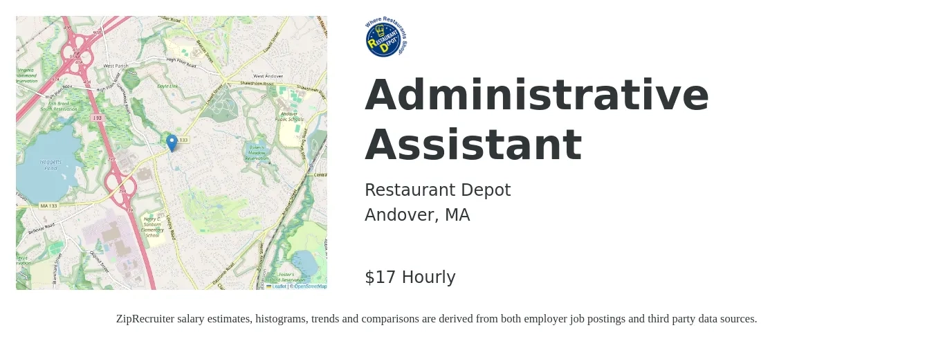 Restaurant Depot job posting for a Administrative Assistant in Andover, MA with a salary of $18 to $19 Hourly with a map of Andover location.