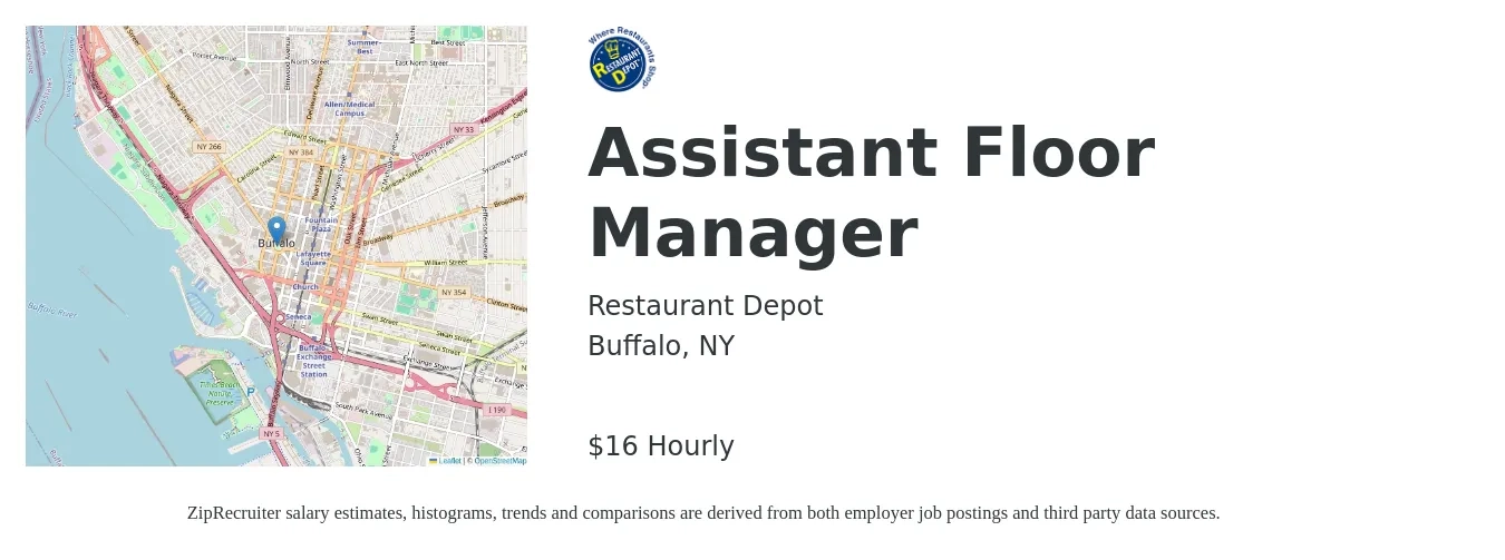 Restaurant Depot job posting for a Assistant Floor Manager in Buffalo, NY with a salary of $17 to $18 Hourly with a map of Buffalo location.