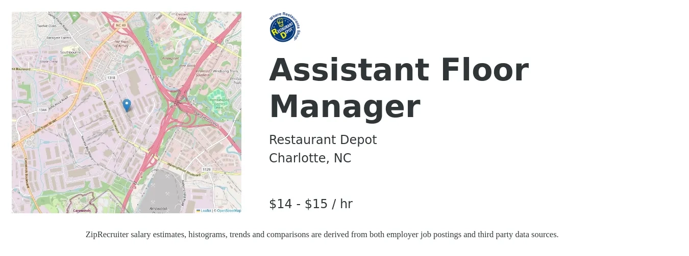 Restaurant Depot job posting for a Assistant Floor Manager in Charlotte, NC with a salary of $15 to $16 Hourly with a map of Charlotte location.