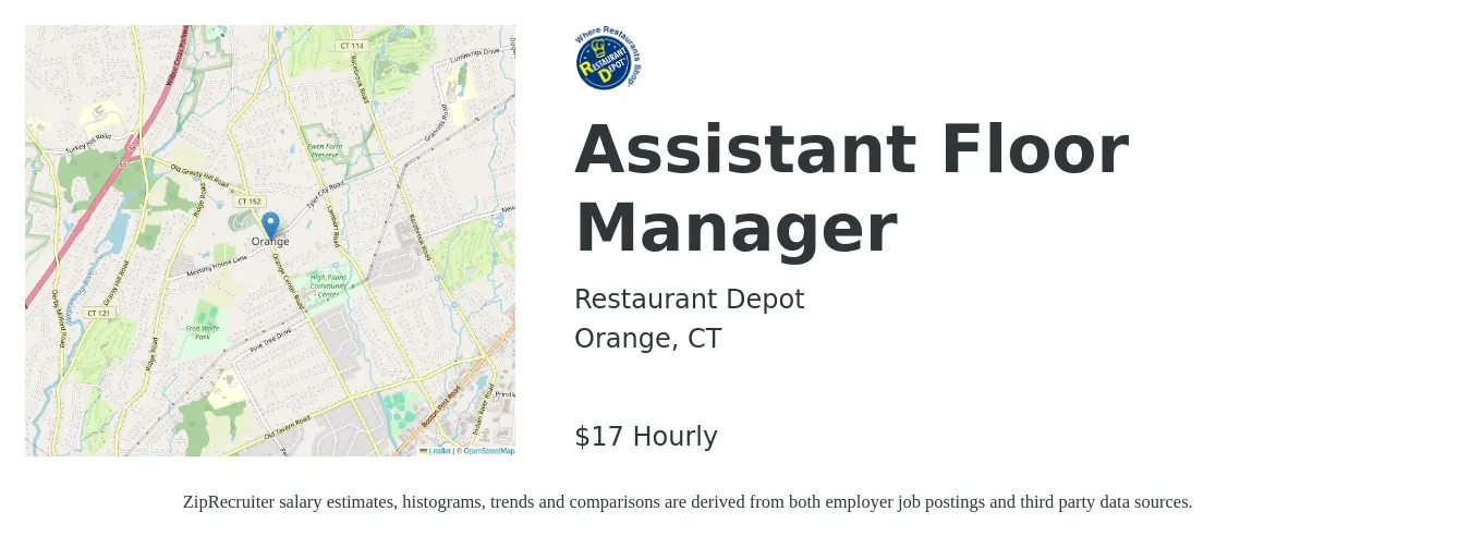 Restaurant Depot job posting for a Assistant Floor Manager in Orange, CT with a salary of $18 to $18 Hourly with a map of Orange location.