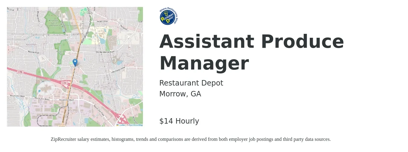 Restaurant Depot job posting for a Assistant Produce Manager in Morrow, GA with a salary of $15 to $15 Hourly with a map of Morrow location.