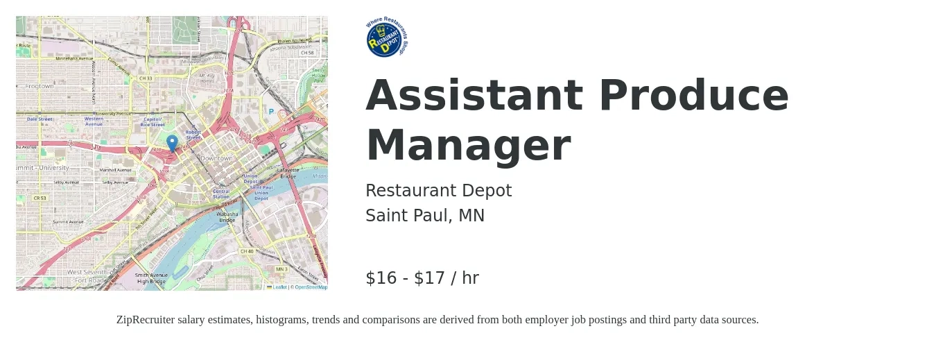 Restaurant Depot job posting for a Assistant Produce Manager in Saint Paul, MN with a salary of $18 to $18 Hourly with a map of Saint Paul location.