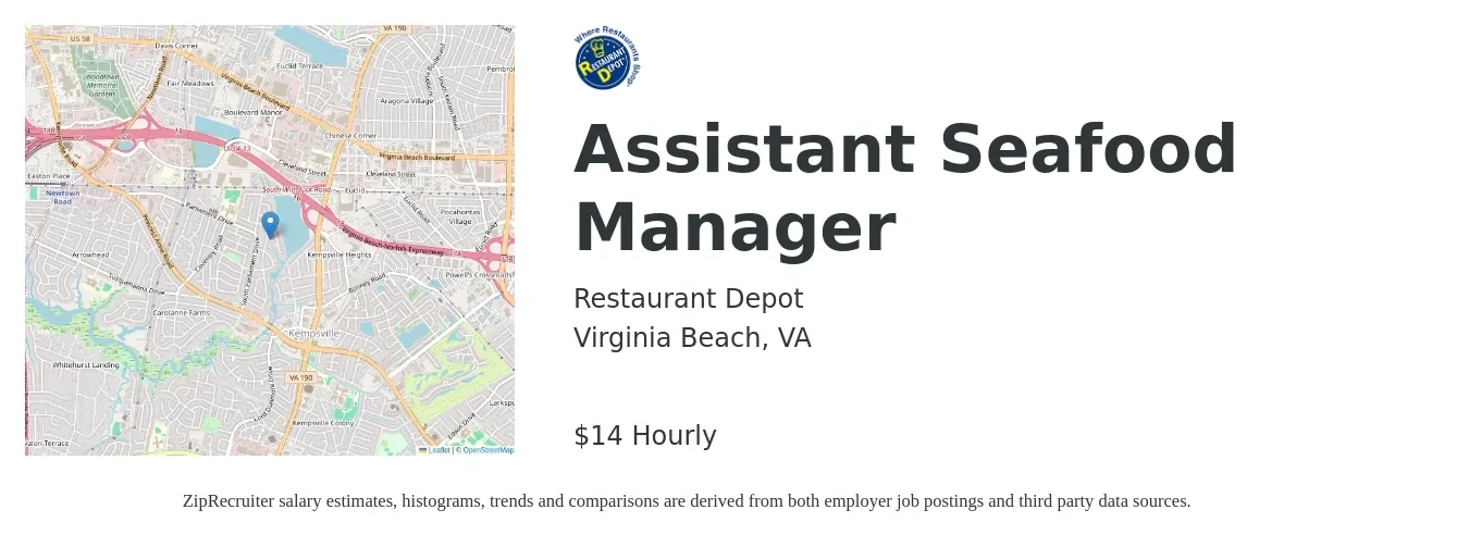 Restaurant Depot job posting for a Assistant Seafood Manager in Virginia Beach, VA with a salary of $15 to $16 Hourly with a map of Virginia Beach location.