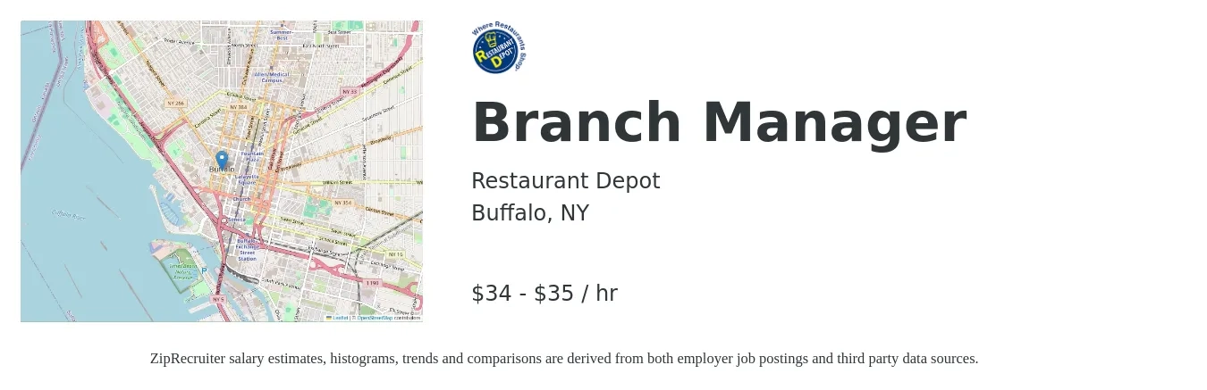 Restaurant Depot job posting for a Branch Manager in Buffalo, NY with a salary of $36 to $37 Hourly with a map of Buffalo location.
