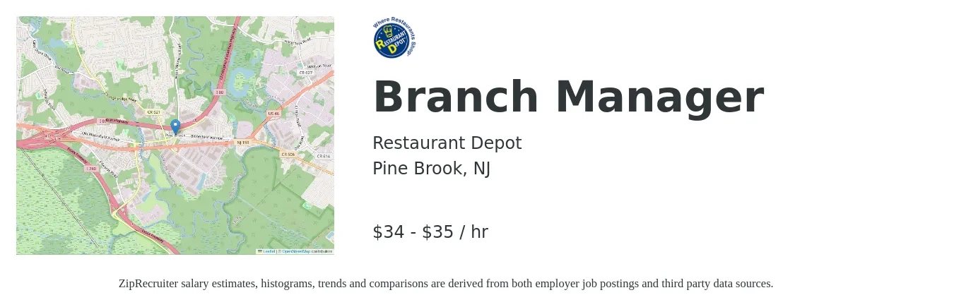 Restaurant Depot job posting for a Branch Manager in Pine Brook, NJ with a salary of $36 to $37 Hourly with a map of Pine Brook location.