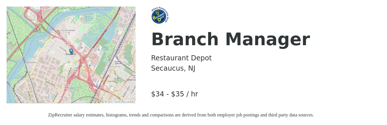 Restaurant Depot job posting for a Branch Manager in Secaucus, NJ with a salary of $36 to $37 Hourly with a map of Secaucus location.