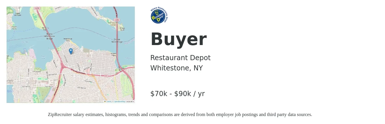 Restaurant Depot job posting for a Buyer in Whitestone, NY with a salary of $70,000 to $90,000 Yearly with a map of Whitestone location.