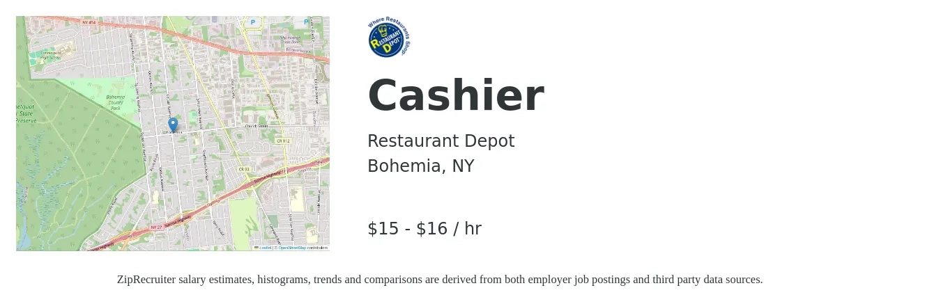 Restaurant Depot job posting for a Cashier in Bohemia, NY with a salary of $16 to $17 Hourly with a map of Bohemia location.