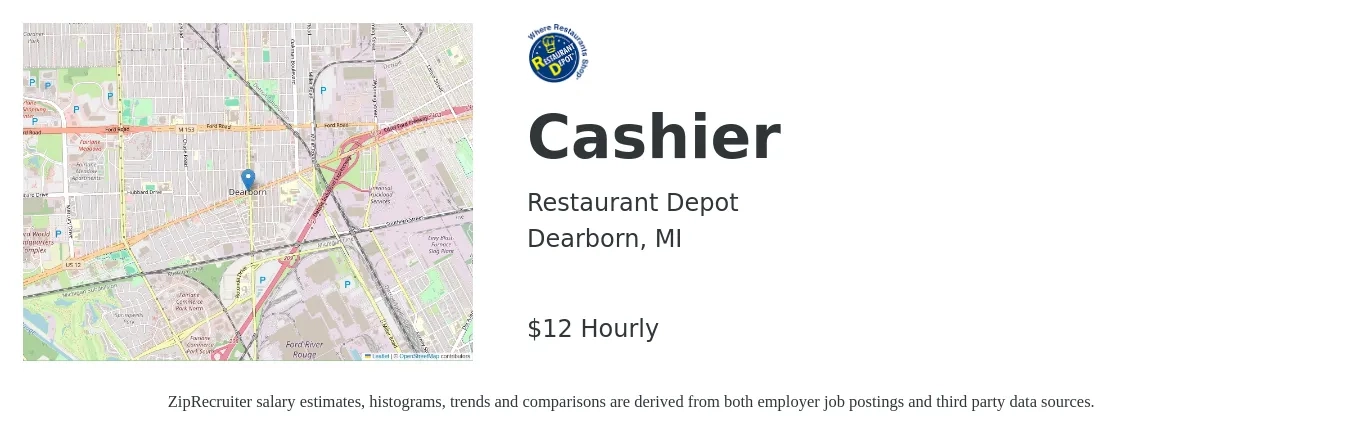 Restaurant Depot job posting for a Cashier in Dearborn, MI with a salary of $13 to $13 Hourly with a map of Dearborn location.