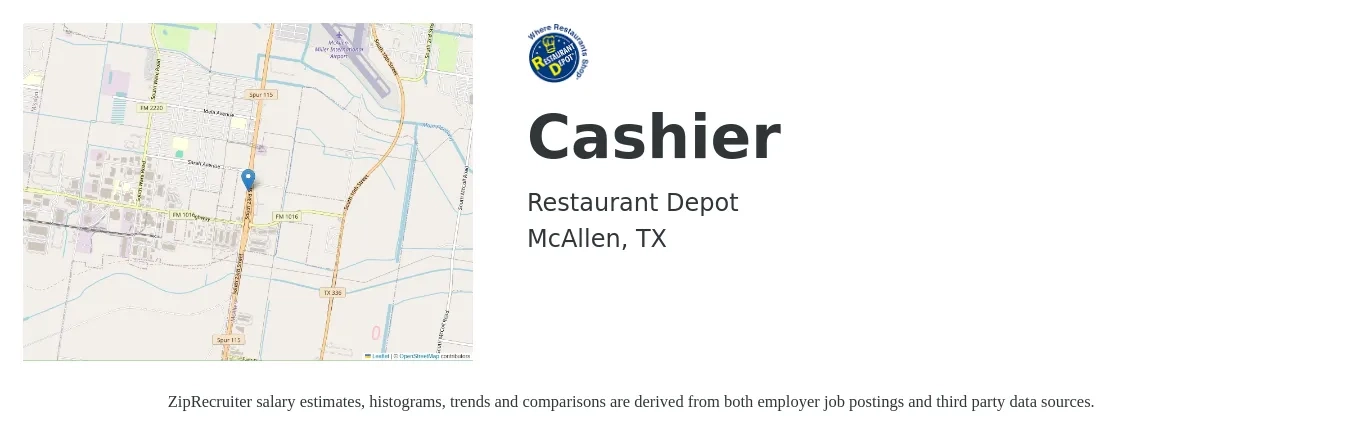 Restaurant Depot job posting for a Cashier in McAllen, TX with a salary of $11 to $15 Hourly with a map of McAllen location.
