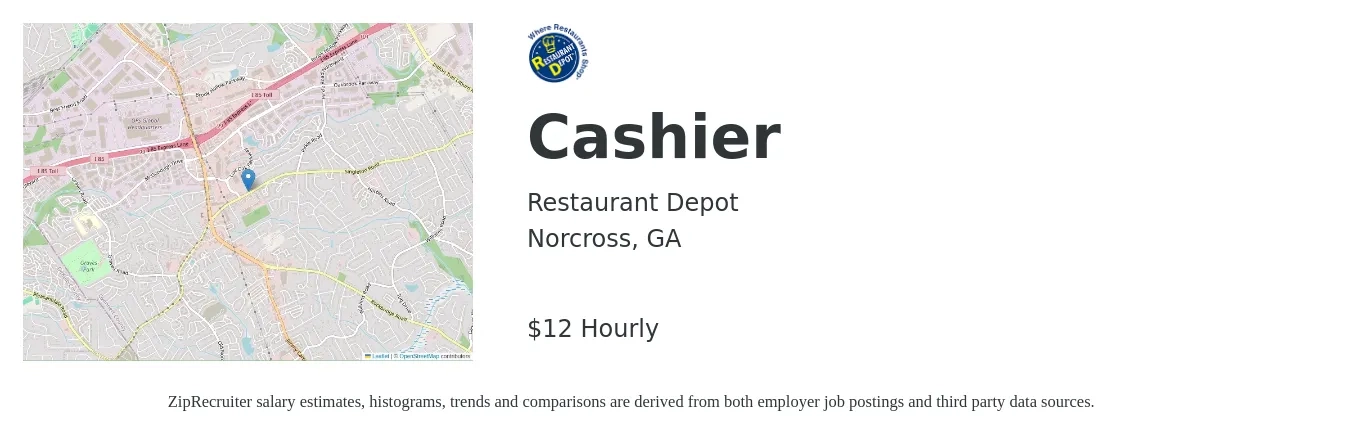 Restaurant Depot job posting for a Cashier in Norcross, GA with a salary of $13 to $13 Hourly with a map of Norcross location.
