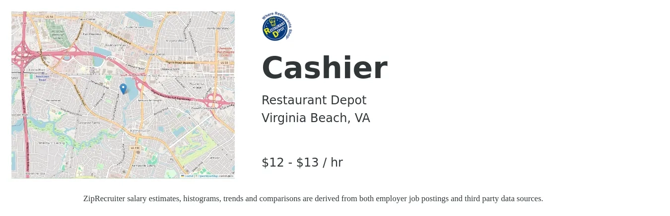 Restaurant Depot job posting for a Cashier in Virginia Beach, VA with a salary of $13 to $14 Hourly with a map of Virginia Beach location.